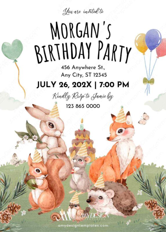14 Free Blank Birthday Invitation Card Designs: Woodland Animal Party Theme Woodland Editable Birthday Invitation Digital | Party Hats Fox Bunny Cake Canva