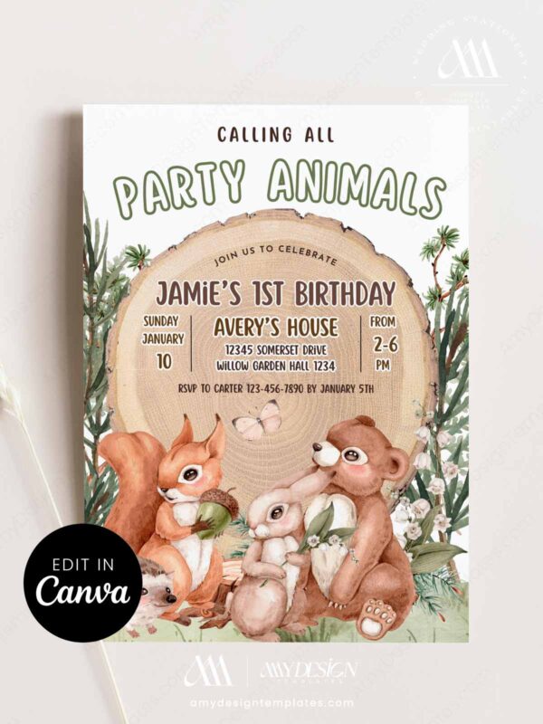 Rustic Woodland Party Animals Birthday Invitation Template | Wood Birthday Card Canva Edit