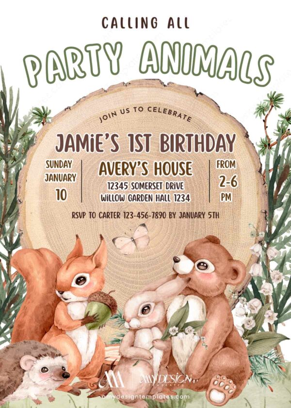 Rustic Woodland Party Animals Birthday Invitation Template | Wood Birthday Card Canva Edit