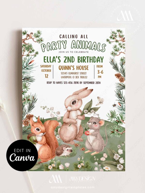 Woodland Party Animals Birthday Invite Canva Template | Rabbit Squirrel Mouse Printable