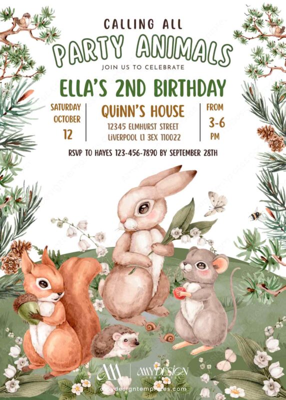 Woodland Party Animals Birthday Invite Canva Template | Rabbit Squirrel Mouse Printable Woodland Party Animals Birthday Invite Canva Template | Rabbit Squirrel Mouse Printable