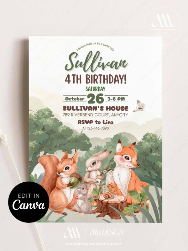 Printable Woodland Animals Birthday Card Canva Edit | Fox Rabbit Squirrel Digital Template