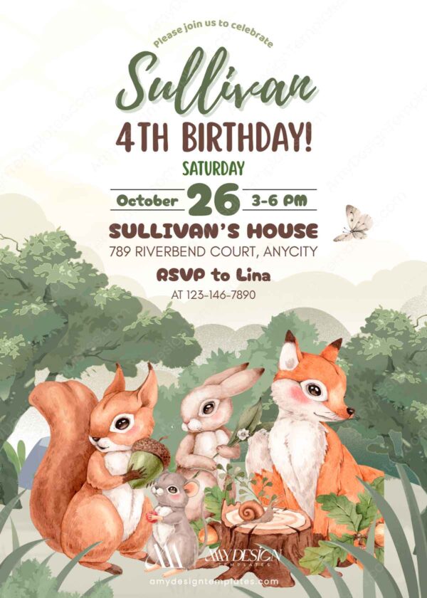 Printable Woodland Animals Birthday Card Canva Edit | Fox Rabbit Squirrel Digital Template