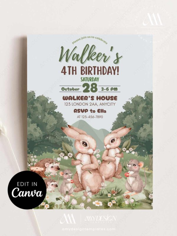 Rabit Woodland Birthday Invitation Digital Card | Party Birthday Invite Canva Instant Download