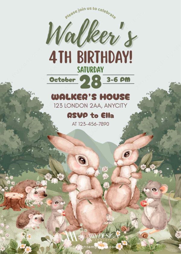 Rabit Woodland Birthday Invitation Digital Card | Party Birthday Invite Canva Instant Download