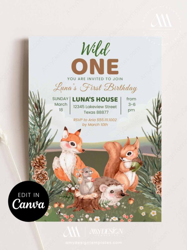 Printable Wild One Animals Birthday Invitation Template | Fox Squirrel Hedgehog Mouse Digital Download