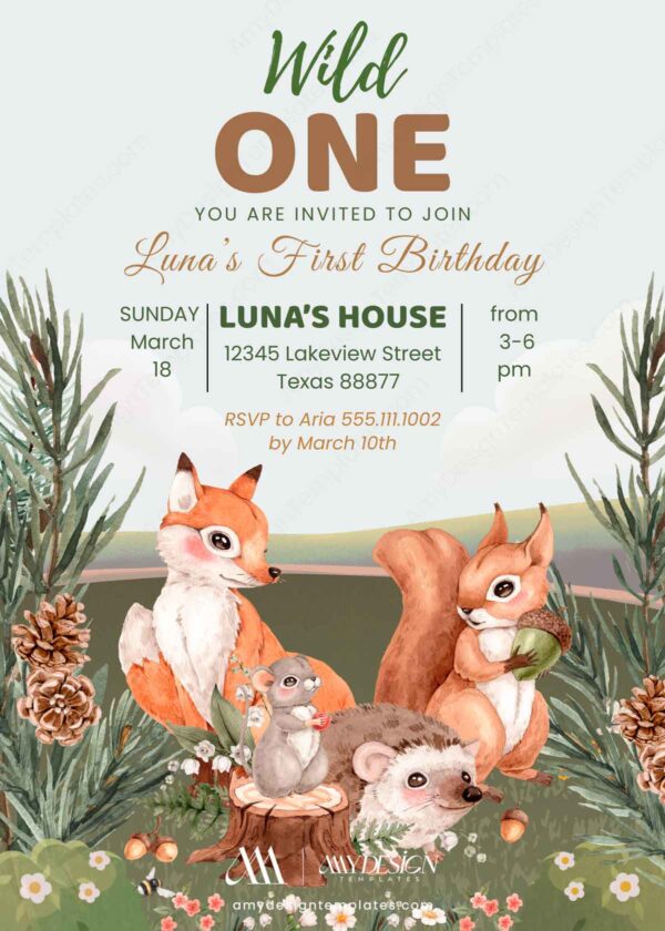 Printable Wild One Animals Birthday Invitation Template | Fox Squirrel Hedgehog Mouse Digital Download