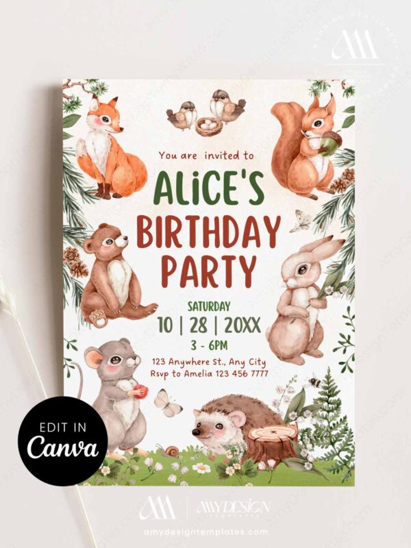 14 Free Blank Birthday Invitation Card Designs: Woodland Animal Party Theme CVBD014 All Woodland Friends Birthday Invitation Card Canva Template 2