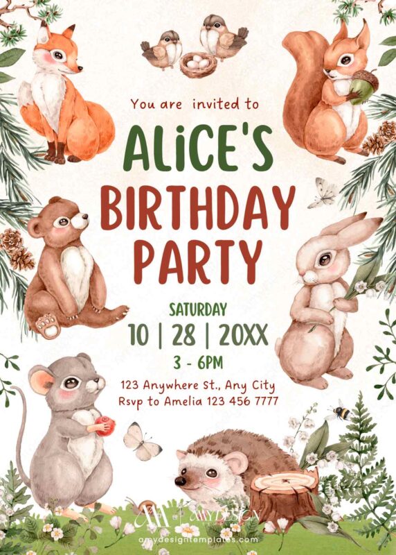 All Woodland Friends Birthday Invitation Card Canva Template | Fox Rabbit Bear Squirrel Hedgehog All Woodland Friends Birthday Invitation Card Canva Template | Fox Rabbit Bear Squirrel Hedgehog