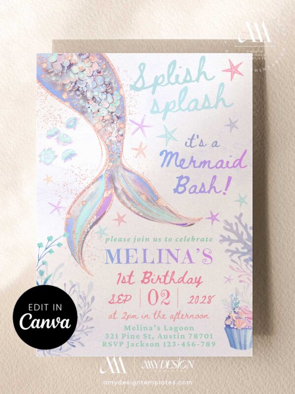 Glitter Mermaid Birthday Invitation Template | Splish Splash Digital Under The Sea Download