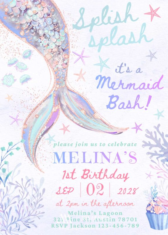 Glitter Mermaid Birthday Invitation Template | Splish Splash Digital Under The Sea Download
