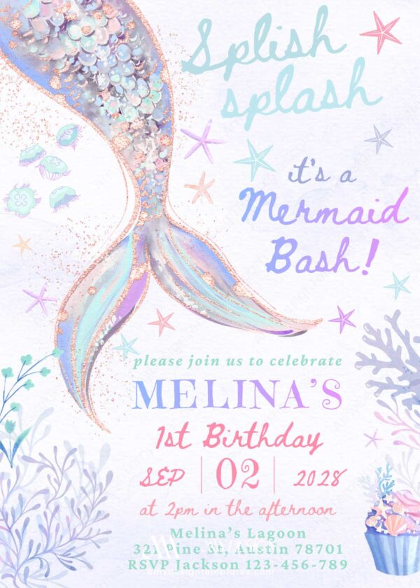 Glitter Mermaid Birthday Invitation Template | Splish Splash Digital Under The Sea Download