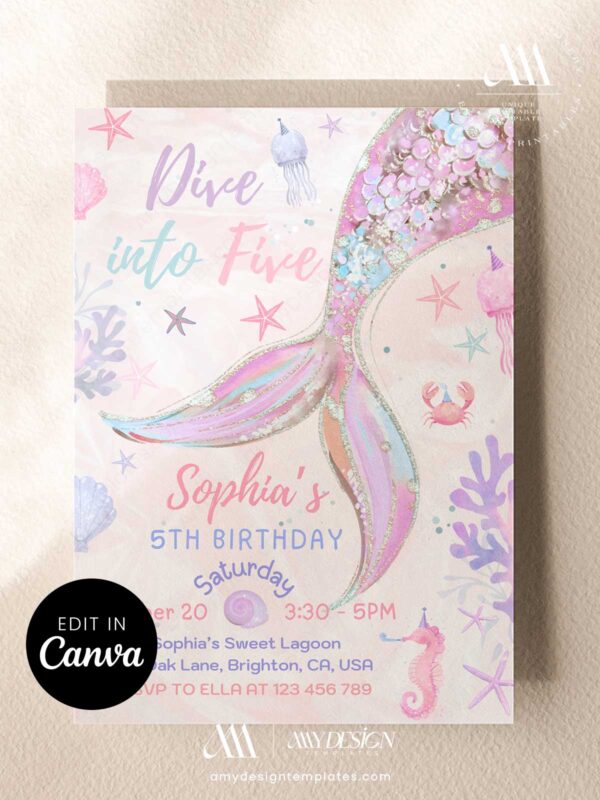 Pink Girl Mermaid Birthday Invitation Template | Dive Into Five Under The Sea Glitter Birthday Party Invite Pink Girl Mermaid Birthday Invitation Template | Dive Into Five Under The Sea Glitter Birthday Party Invite