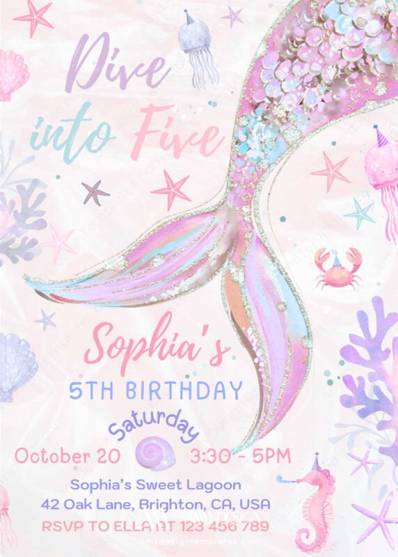 Pink Girl Mermaid Birthday Invitation Template | Dive Into Five Under The Sea Glitter Birthday Party Invite Pink Girl Mermaid Birthday Invitation Template | Dive Into Five Under The Sea Glitter Birthday Party Invite