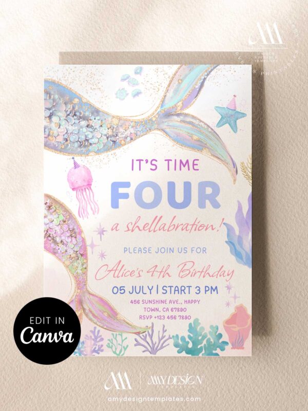 Girl Mermaids Birthday Party Invitation Canva Template | Let's Shellabrate Invite Editable Digital Download