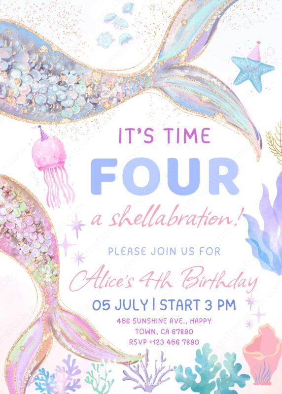 Girl Mermaids Birthday Party Invitation Canva Template | Let's Shellabrate Invite Editable Digital Download