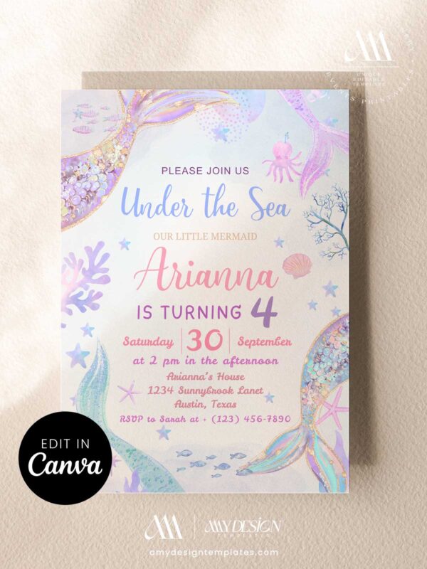 Editable Mermaid Invitation for Girls Birthday | Shellabration Under The Sea Party Invite Canva Template Editable Mermaid Invitation for Girls Birthday | Shellabration Under The Sea Party Invite Canva Template