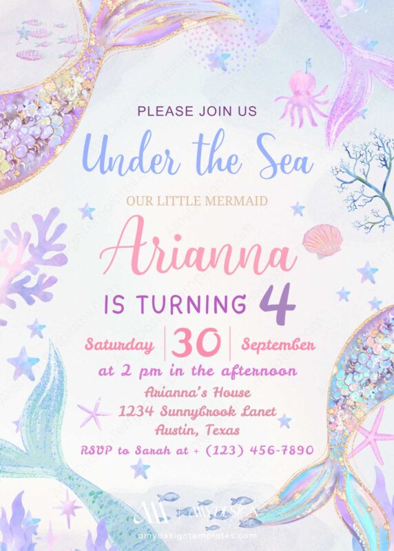 Editable Mermaid Invitation for Girls Birthday | Shellabration Under The Sea Party Invite Canva Template Editable Mermaid Invitation for Girls Birthday | Shellabration Under The Sea Party Invite Canva Template