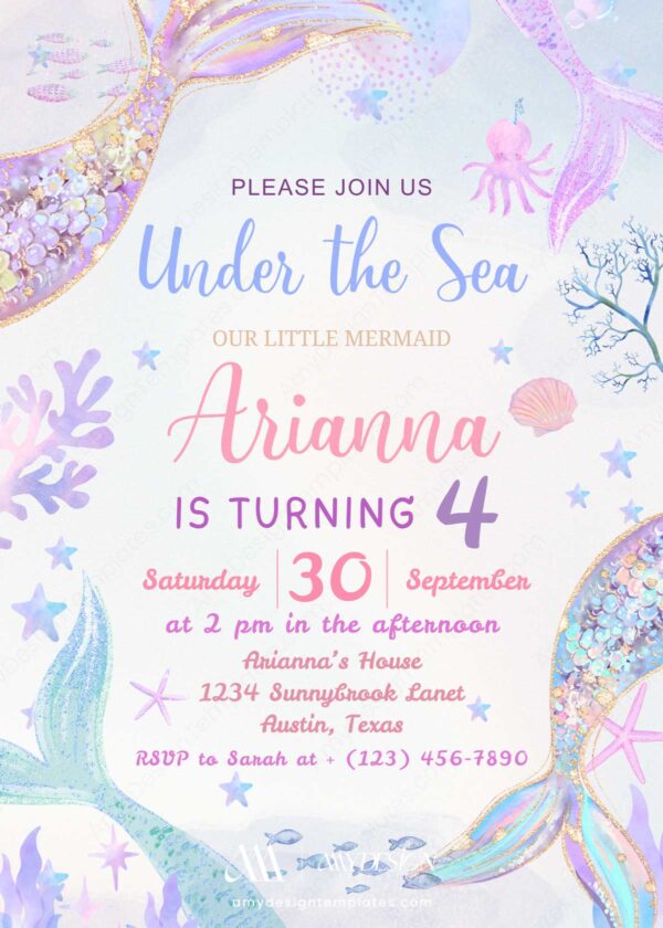 Editable Mermaid Invitation for Girls Birthday | Shellabration Under The Sea Party Invite Canva Template