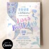 Glitter Aqua Blue Mermaid Tails Birthday Invitation | Under The Sea Party Invite Canva Template