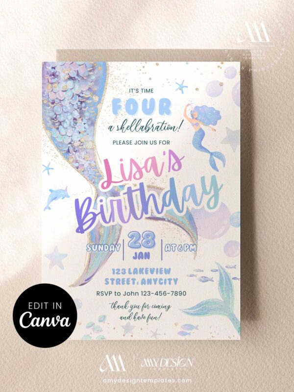 Glitter Aqua Blue Mermaid Tails Birthday Invitation | Under The Sea Party Invite Canva Template