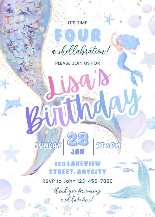 Glitter Aqua Blue Mermaid Tails Birthday Invitation | Under The Sea Party Invite Canva Template