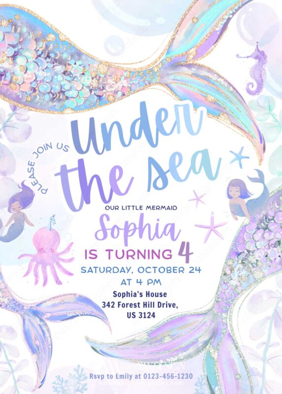 Under the Sea Birthday Invitation Canva Template | Instant Download Neon Ocean Birthday Mermaid Invite