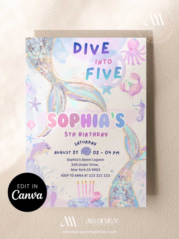 Dive into Five Mermaid Birthday Celebration Invitation Template | Under The Sea Neon Ocean Birthday Card Dive into Five Mermaid Birthday Celebration Invitation Template | Under The Sea Neon Ocean Birthday Card