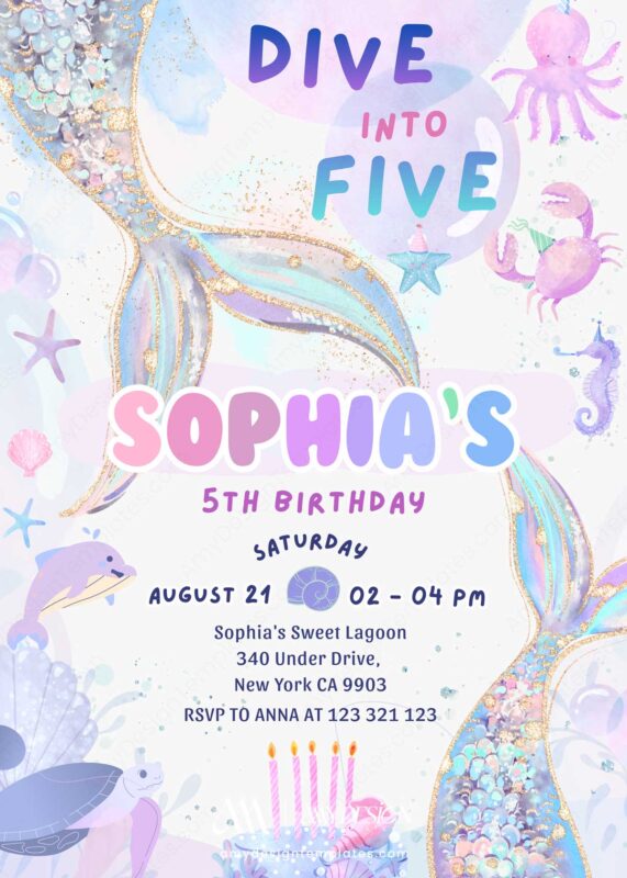 Dive into Five Mermaid Birthday Celebration Invitation Template | Under The Sea Neon Ocean Birthday Card Dive into Five Mermaid Birthday Celebration Invitation Template | Under The Sea Neon Ocean Birthday Card