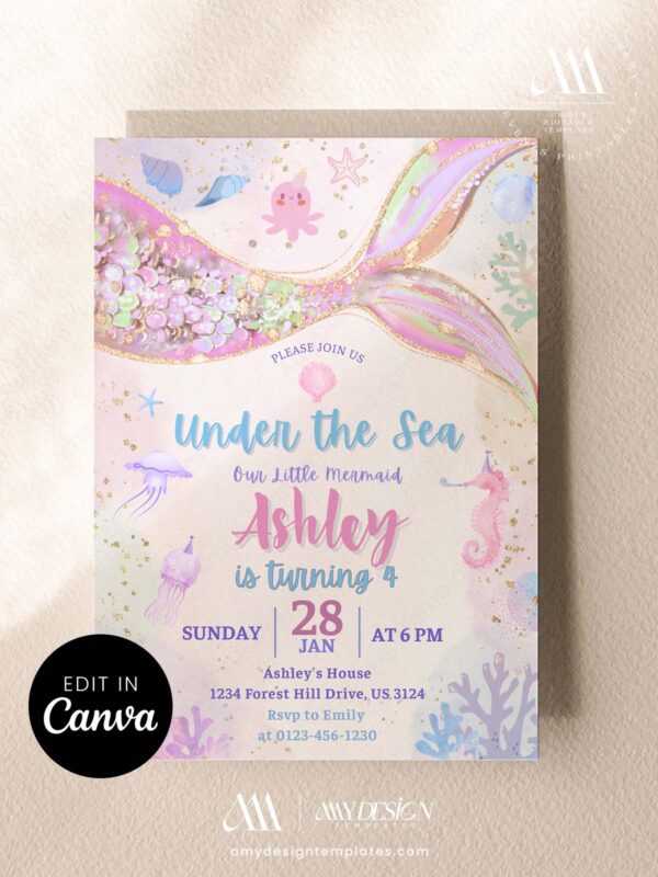 Holographic Mermaid Tail Under the Sea Birthday Invitation | Pink Jellyfish Mermaid Birthday Girls Invite Template Canva