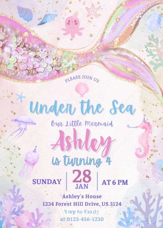 Holographic Mermaid Tail Under the Sea Birthday Invitation | Pink Jellyfish Mermaid Birthday Girls Invite Template Canva Holographic Mermaid Tail Under the Sea Birthday Invitation | Pink Jellyfish Mermaid Birthday Girls Invite Template Canva