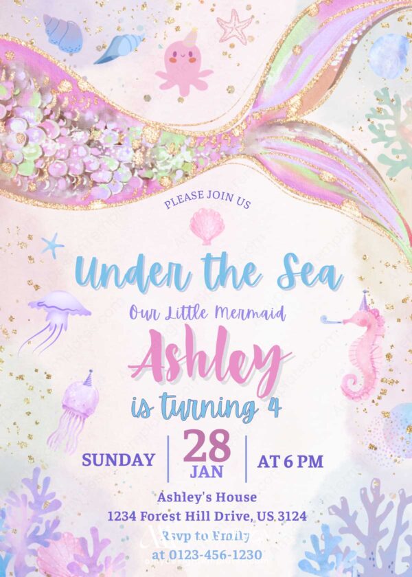 Holographic Mermaid Tail Under the Sea Birthday Invitation | Pink Jellyfish Mermaid Birthday Girls Invite Template Canva