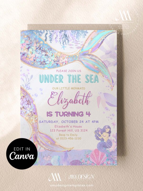 Holographic Mermaid Tail Birthday Invitation Canva Template | Under the Sea Birthday Invite Printable Holographic Mermaid Tail Birthday Invitation Canva Template | Under the Sea Birthday Invite Printable