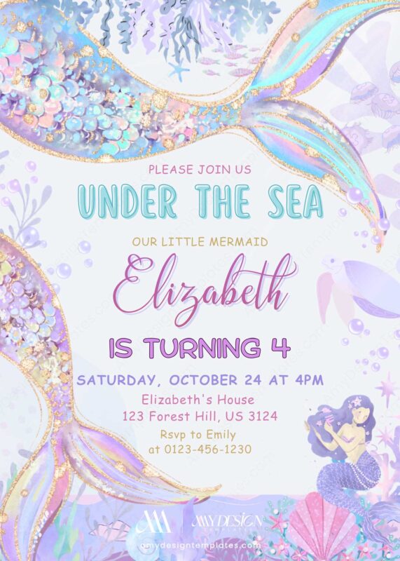 Holographic Mermaid Tail Birthday Invitation Canva Template | Under the Sea Birthday Invite Printable Holographic Mermaid Tail Birthday Invitation Canva Template | Under the Sea Birthday Invite Printable
