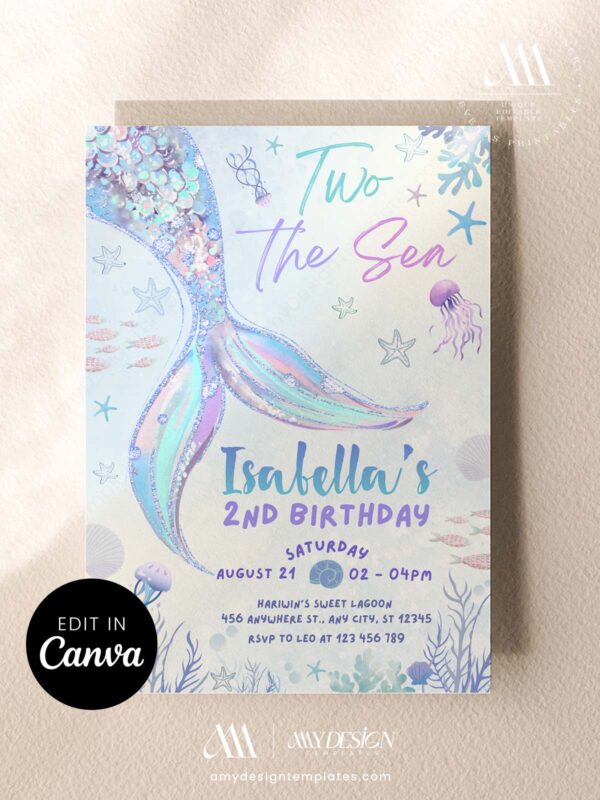 Two The Sea Mermaid Birthday Invitation Card | Blue Pastel Mermaid Neon Ocean Birthday Card