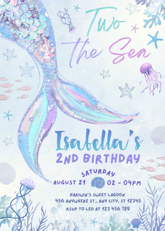 Two The Sea Mermaid Birthday Invitation Card | Blue Pastel Mermaid Neon Ocean Birthday Card Two The Sea Mermaid Birthday Invitation Card | Blue Pastel Mermaid Neon Ocean Birthday Card