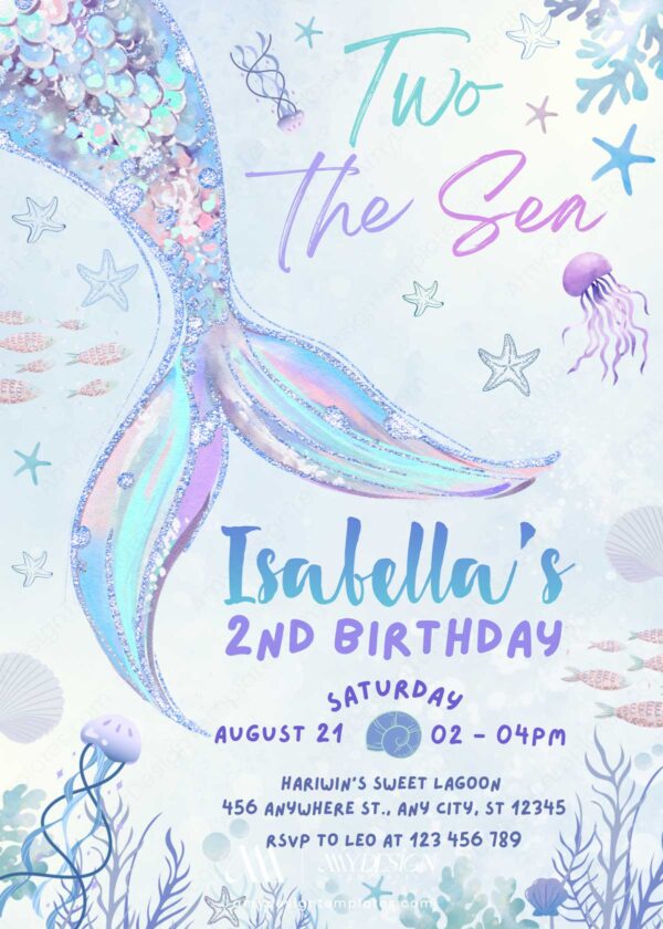Two The Sea Mermaid Birthday Invitation Card | Blue Pastel Mermaid Neon Ocean Birthday Card