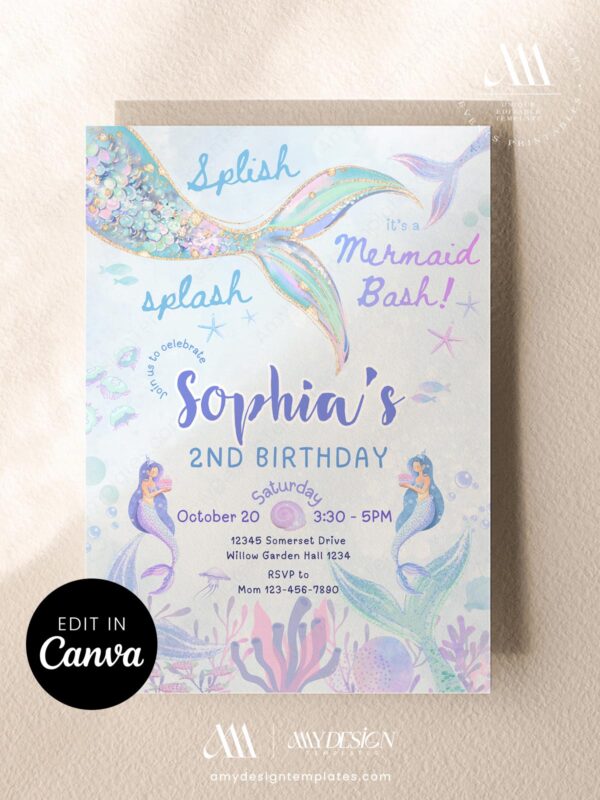 Splish Splash Mermaid Birthday Invitation Card | Under The Sea Mermaid Bash Invitation Template