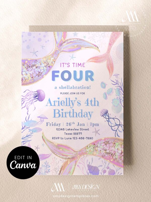 Shellabration Mermaid Birthday Invitation Template Canva | Purple Jellyfish Mermaid Tails Birthday Party Invite Shellabration Mermaid Birthday Invitation Template Canva | Purple Jellyfish Mermaid Tails Birthday Party Invite