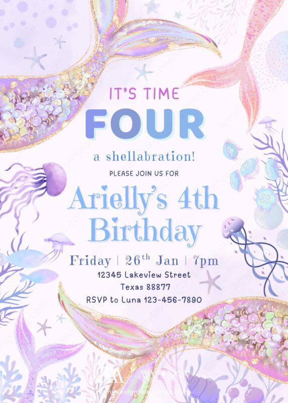 Shellabration Mermaid Birthday Invitation Template Canva | Purple Jellyfish Mermaid Tails Birthday Party Invite Shellabration Mermaid Birthday Invitation Template Canva | Purple Jellyfish Mermaid Tails Birthday Party Invite