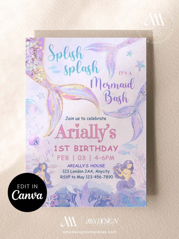 Little Mermaid Bash Invitation Birthday Party Template Printable | Splish Splash Mermaid Invite Editable Little Mermaid Bash Invitation Birthday Party Template Printable | Splish Splash Mermaid Invite Editable