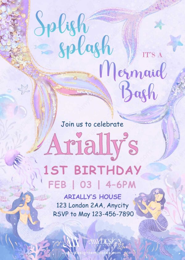 Little Mermaid Bash Invitation Birthday Party Template Printable | Splish Splash Mermaid Invite Editable