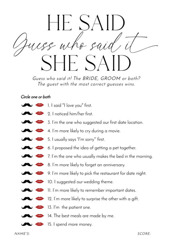 24+ Free Printable Bridal Shower Games Templates: Elevate Your Celebration! FREEBRIDALGAMES he said she said guess who said it bridal shower games amy design