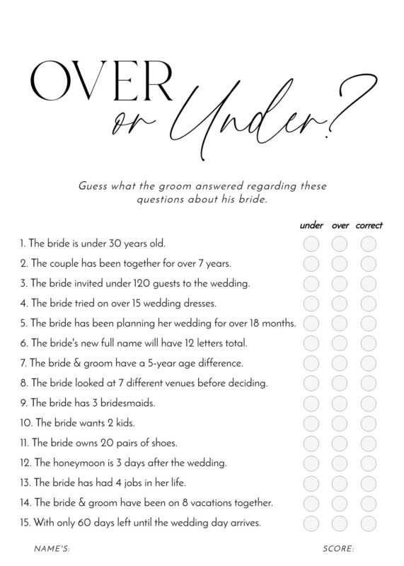 24+ Free Printable Bridal Shower Games Templates: Elevate Your Celebration! FREEBRIDALGAMES over or under bridal shower games printable free download amy design templates