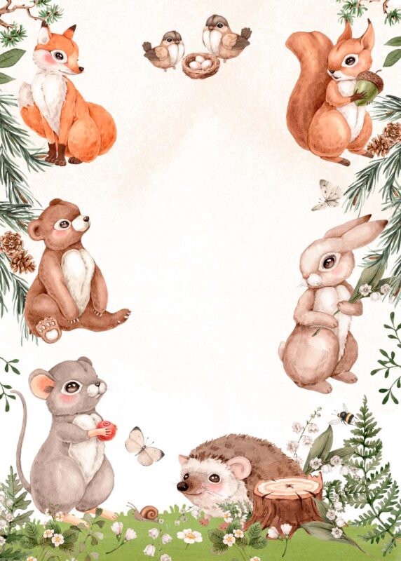 14 Free Blank Birthday Invitation Card Designs: Woodland Animal Party Theme Free Blank Woodland Birthday Invitation Card Animals Party 14