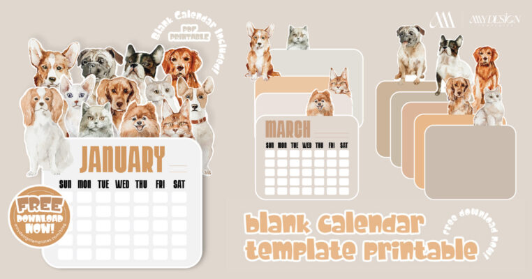 Free Printable Blank Calendar Monthly Planner Cute Dog Cat Animal