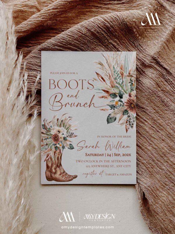 Rustic Western Bridal Shower Invitation, Boots and Brunch Invite Template, Boho Pampas Grass Floral, Cowboy Boots, Editable in Corjl, Instant Download