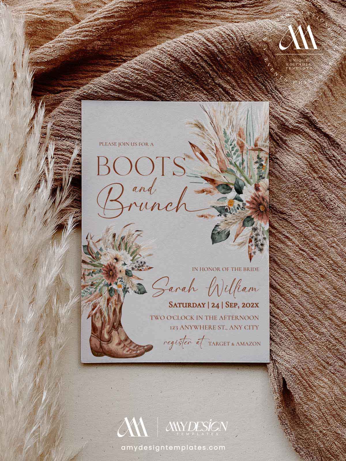 Rustic Western Bridal Shower Invitation | Boots and Brunch Invite Template | Boho Pampas Grass Floral | Cowboy Boots Rustic Western Bridal Shower Invitation, Boots and Brunch Invite Template, Boho Pampas Grass Floral, Cowboy Boots, Editable in Corjl, Instant Download