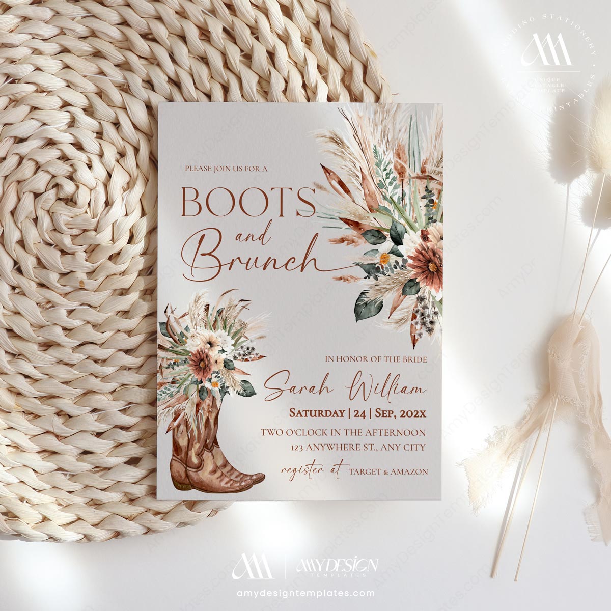 Rustic Western Bridal Shower Invitation | Boots and Brunch Invite Template | Boho Pampas Grass Floral | Cowboy Boots Rustic western bridal shower invitation template featuring watercolor cowboy boots, pampas grass, and terracotta flowers on a beige background. Text reads Boots and Brunch for bride to be