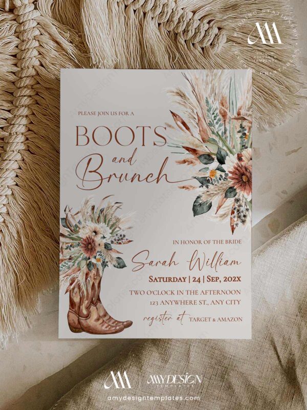 Rustic Western Bridal Shower Invitation, Boots and Brunch Invite Template, Boho Pampas Grass Floral, Cowboy Boots, Editable in Corjl, Instant Download